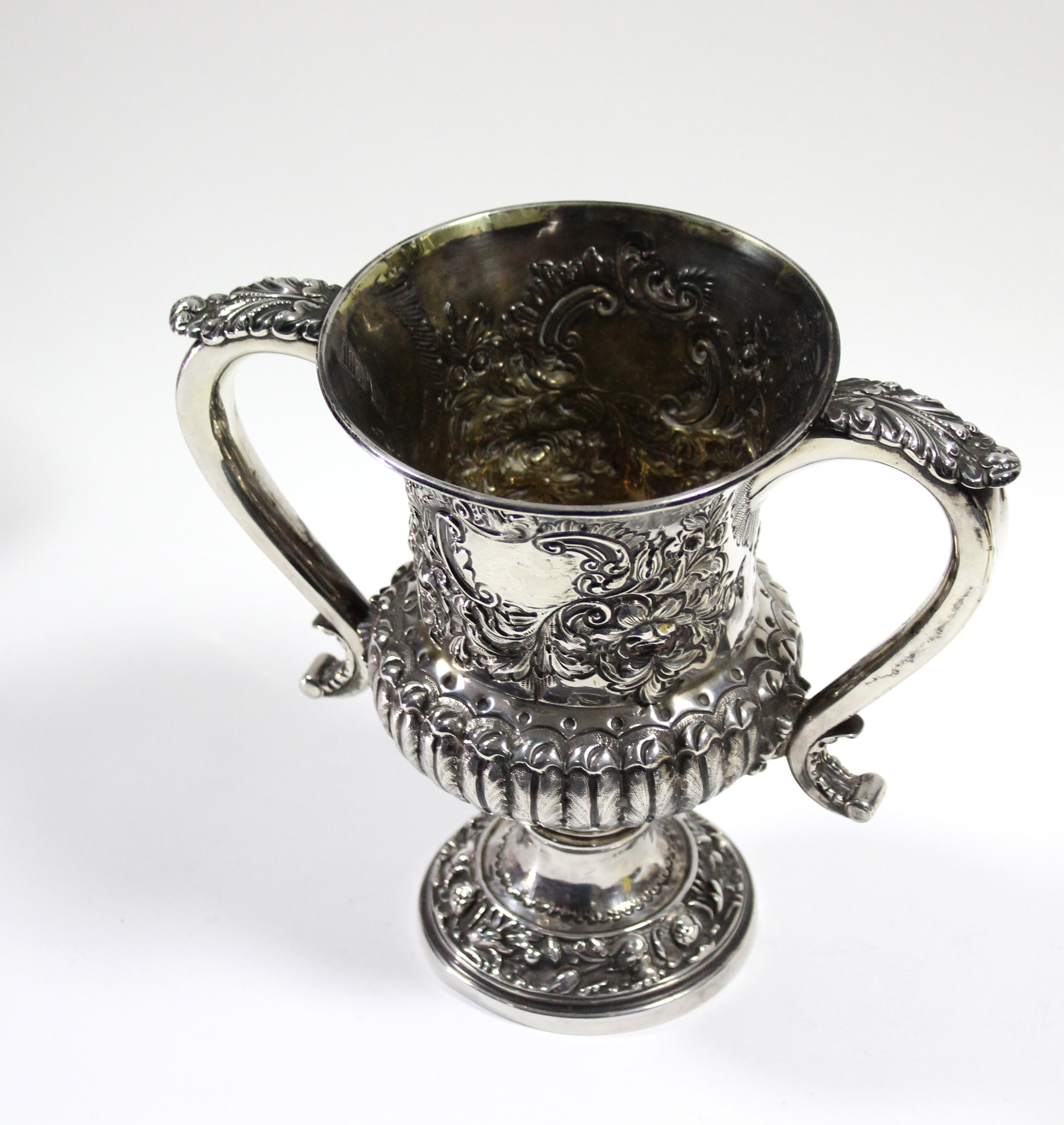 A George IV silver two-handled trophy cup of campana shape, with embossed flowers & foliage, a - Image 3 of 3