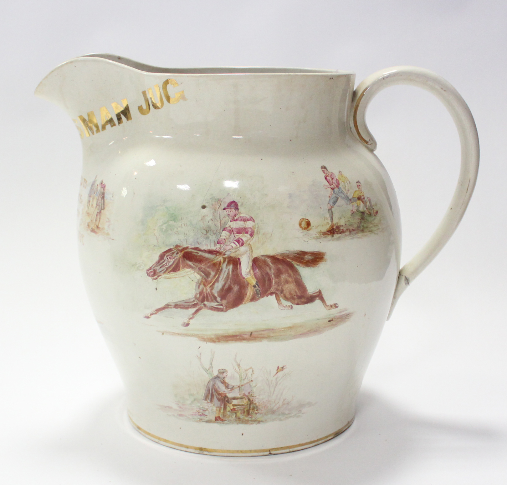 An out-size Victorian Staffordshire pottery bulbous jug with gilt title: “The Sportsman Jug” &