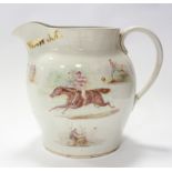 An out-size Victorian Staffordshire pottery bulbous jug with gilt title: “The Sportsman Jug” &