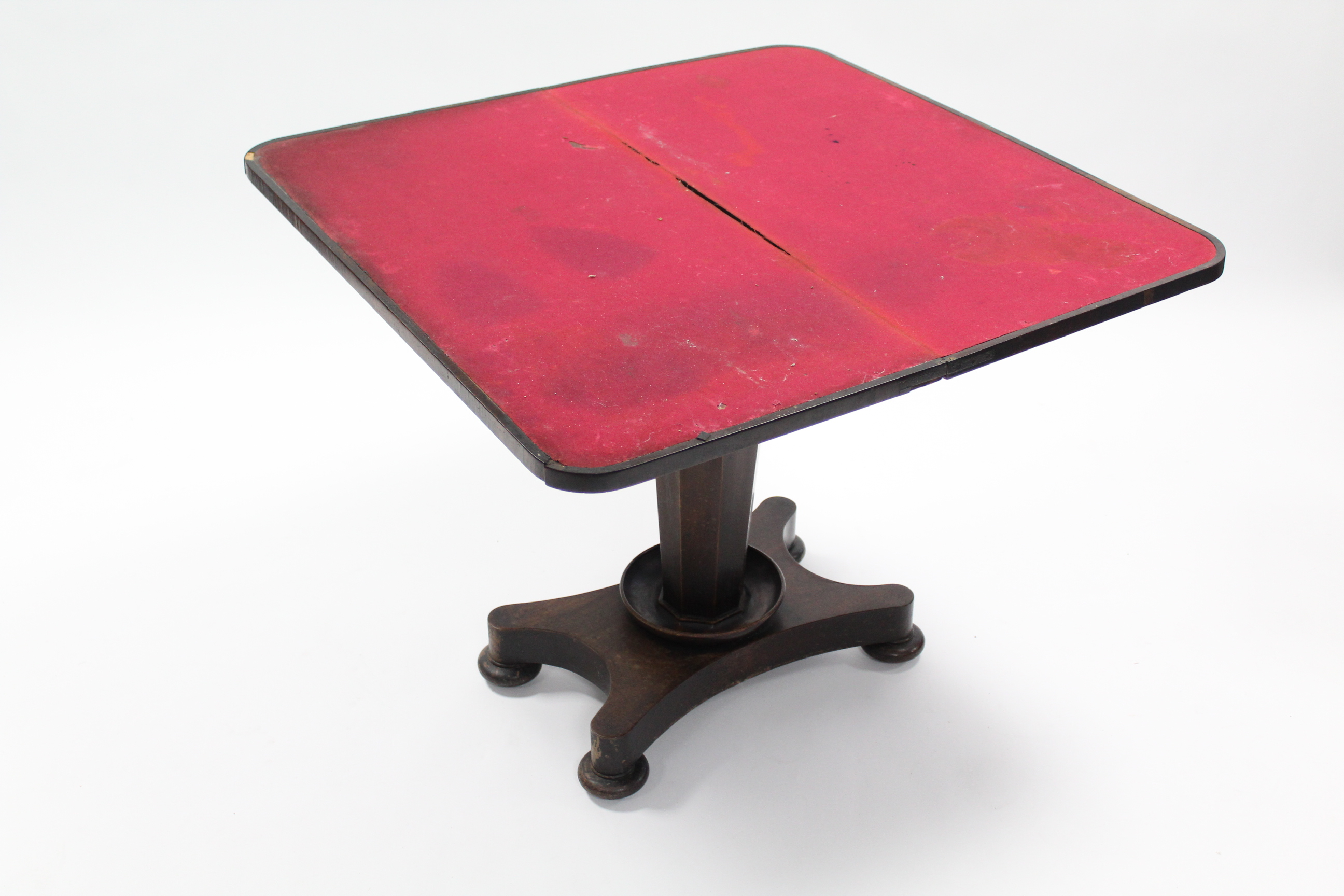 An early Victorian rosewood card table, the rectangular fold-over top with rounded corners, the - Image 4 of 4