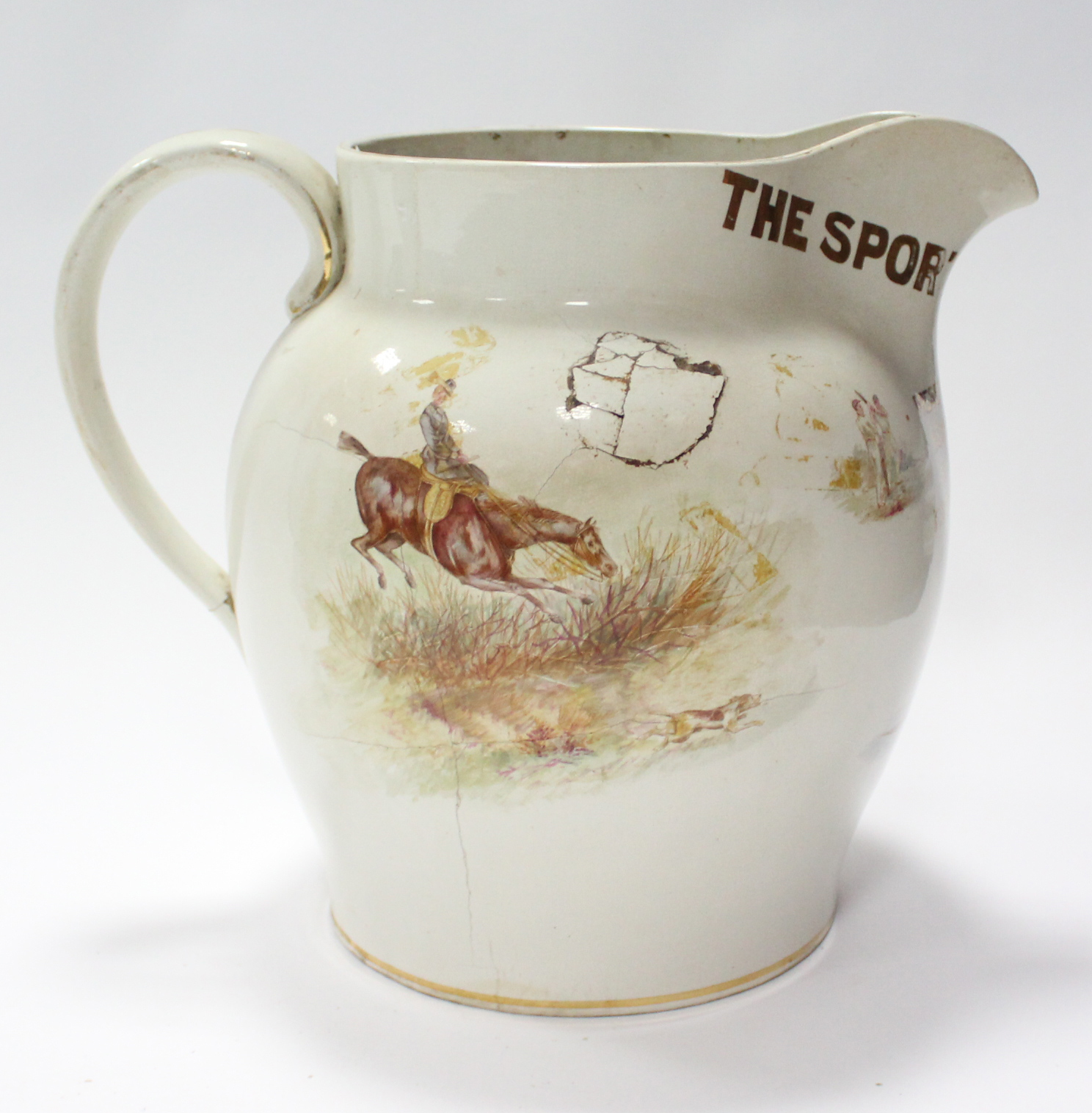 An out-size Victorian Staffordshire pottery bulbous jug with gilt title: “The Sportsman Jug” & - Image 3 of 3