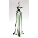 A late Victorian tall narrow clear glass decanter with overlaid green & amethyst vertical stripes,