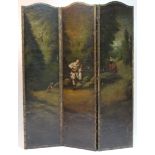 A 19th century three-fold draught screen painted with a romantic figure scene in parkland; 69½” high