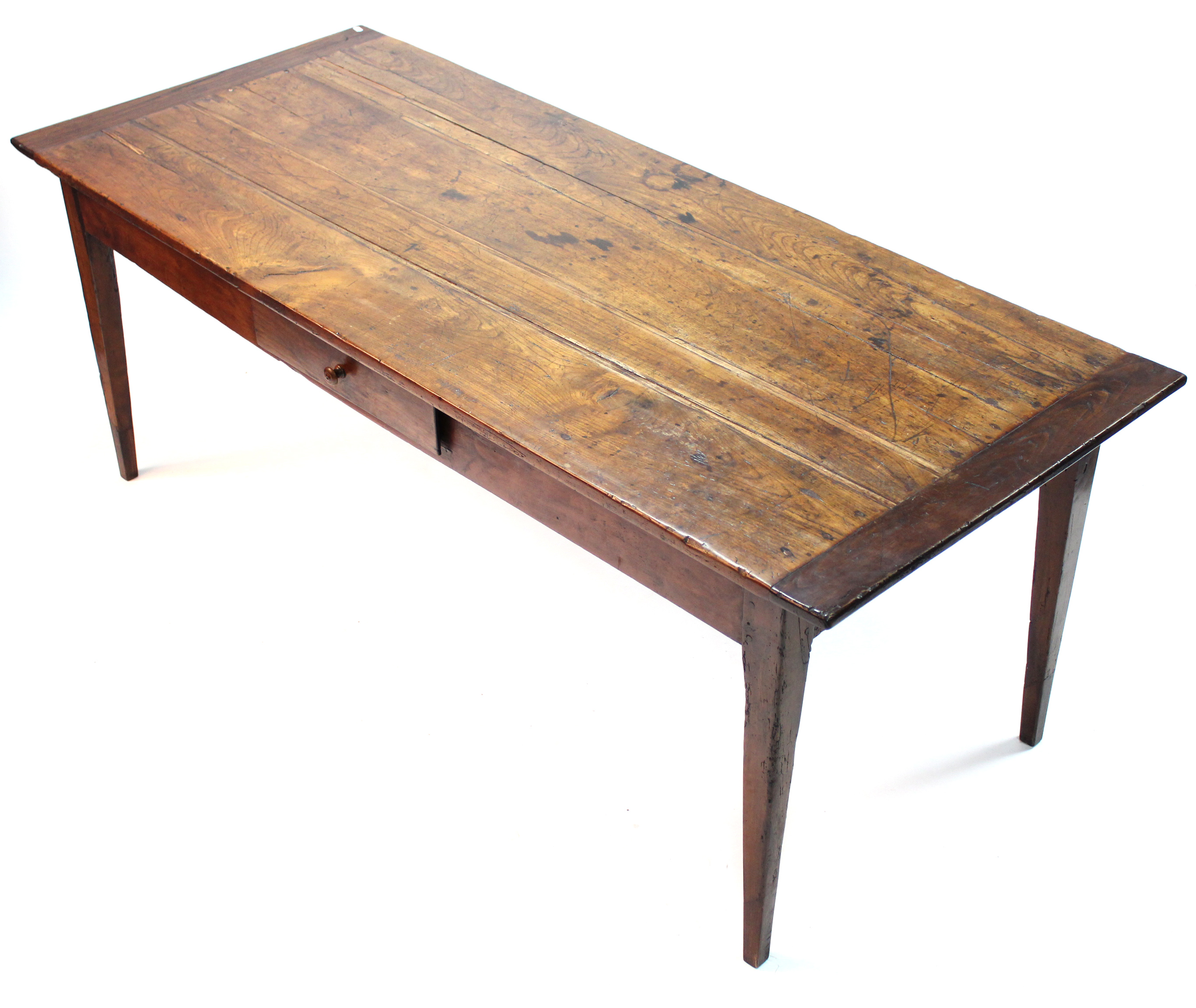 An antique French chestnut dining table, the rectangular top with cleated ends, fitted frieze drawer - Image 2 of 5