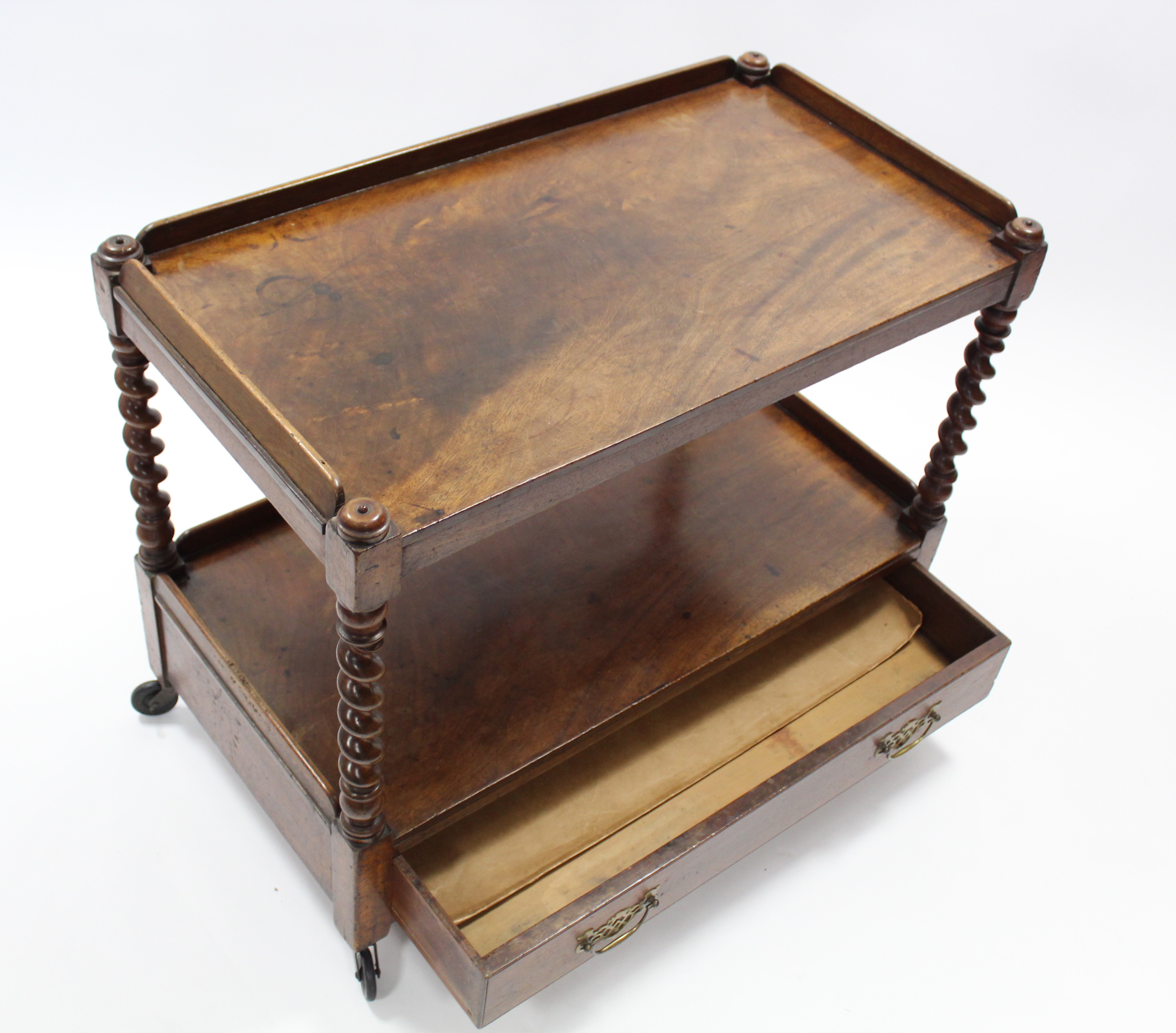 A 19th century mahogany two-tier dumb waiter fitted frieze drawer with pierced brass swing - Image 3 of 3