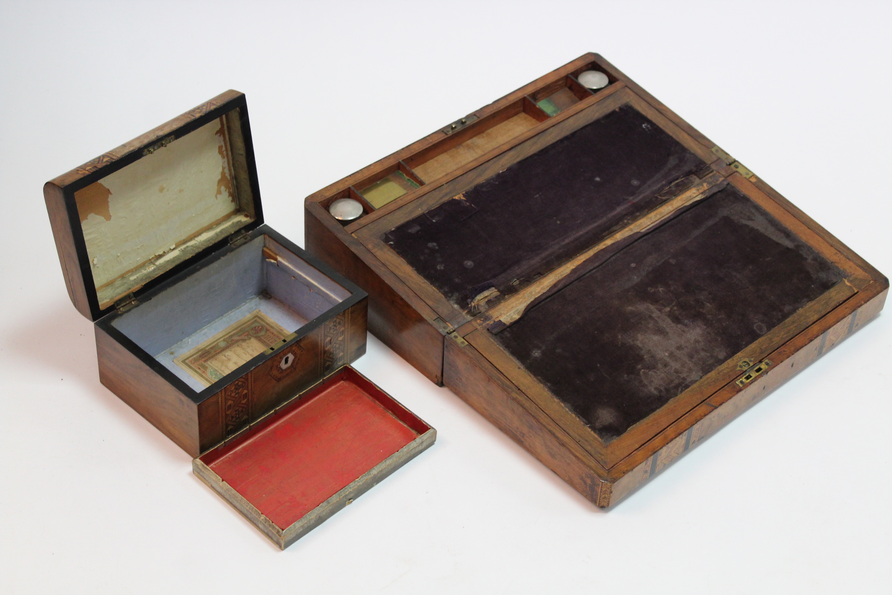 A 19th century burr-walnut & parquetry-inlaid large writing slope with fitted interior, 20” x 10” ( - Image 2 of 4