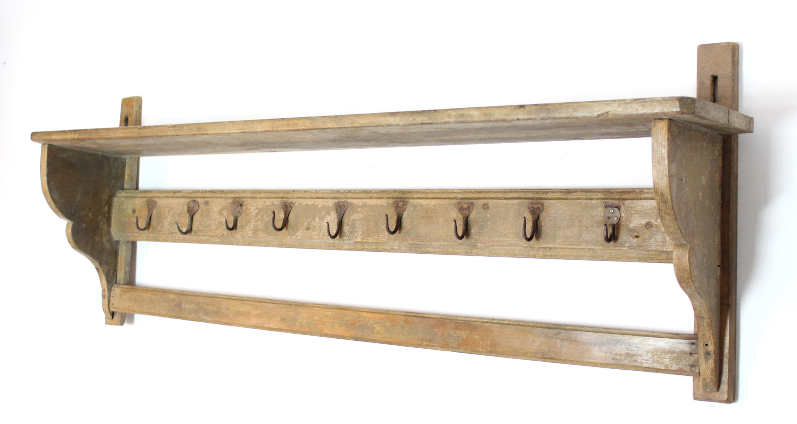 A Victorian painted pine kitchen wall shelf with hanging rack below, having nine wrought iron hooks; - Image 2 of 3