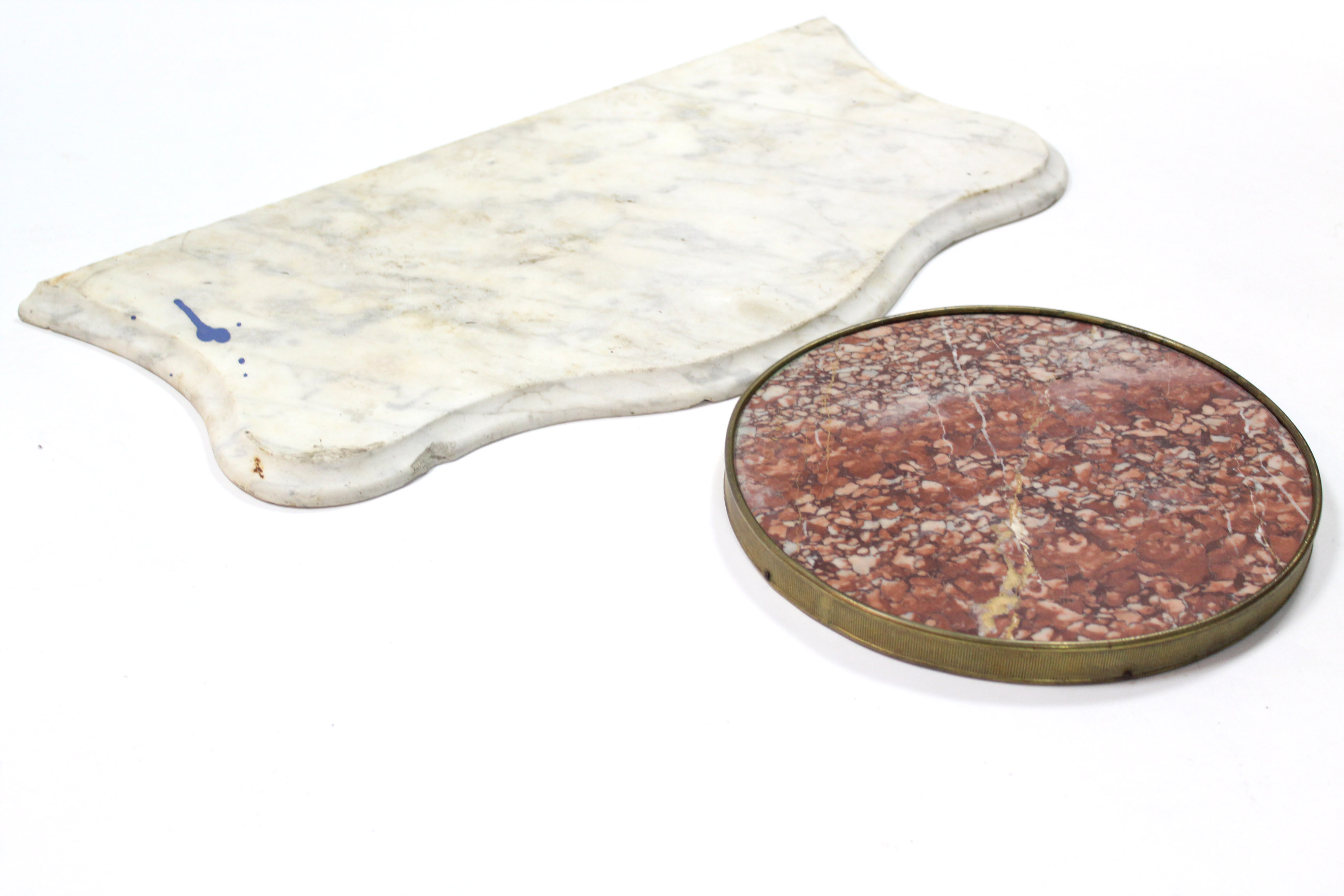 A 19th century marble serpentine-front table top, 25” wide; & a circular rouge marble table top with - Image 2 of 2