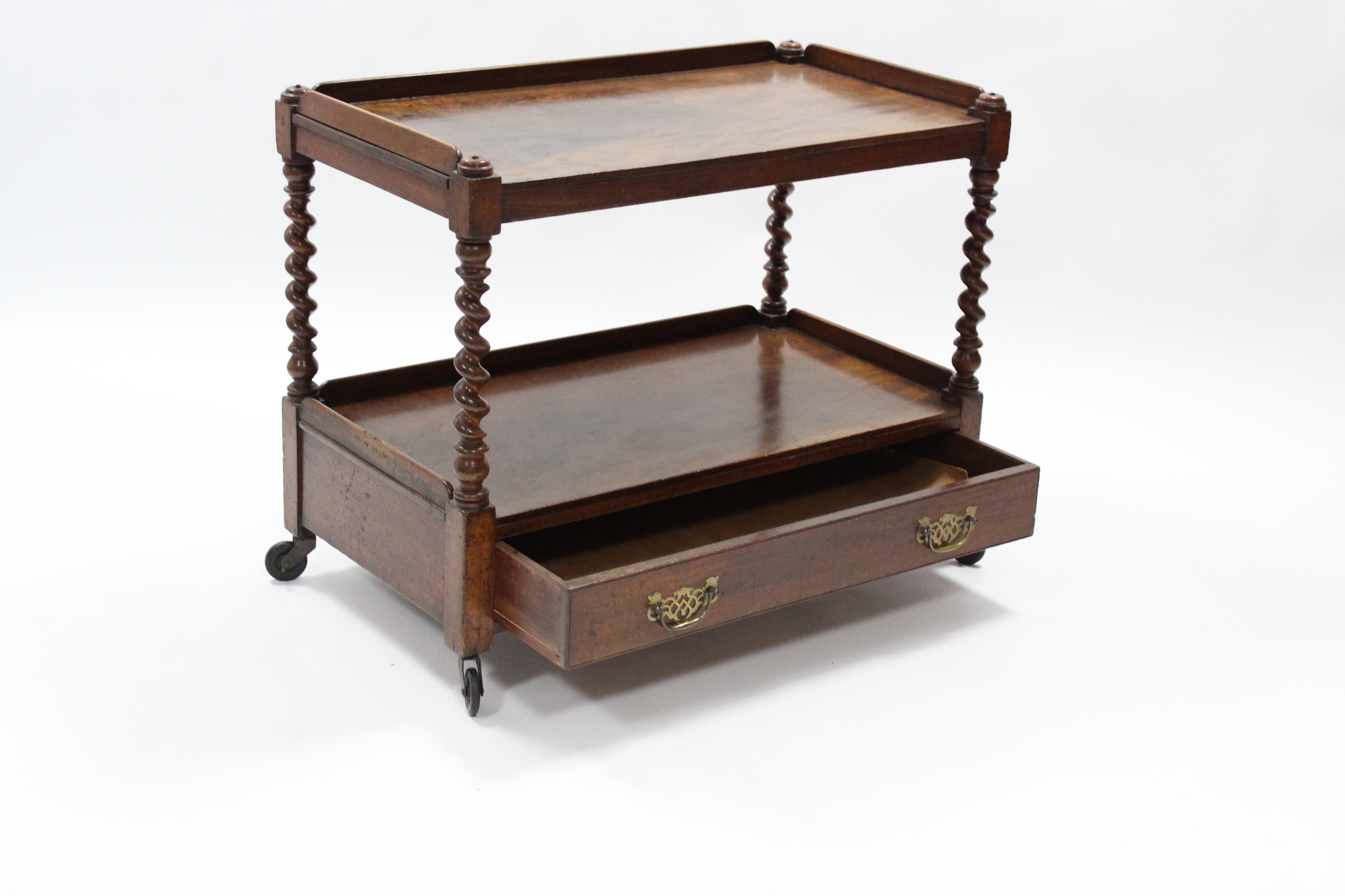 A 19th century mahogany two-tier dumb waiter fitted frieze drawer with pierced brass swing - Image 2 of 3