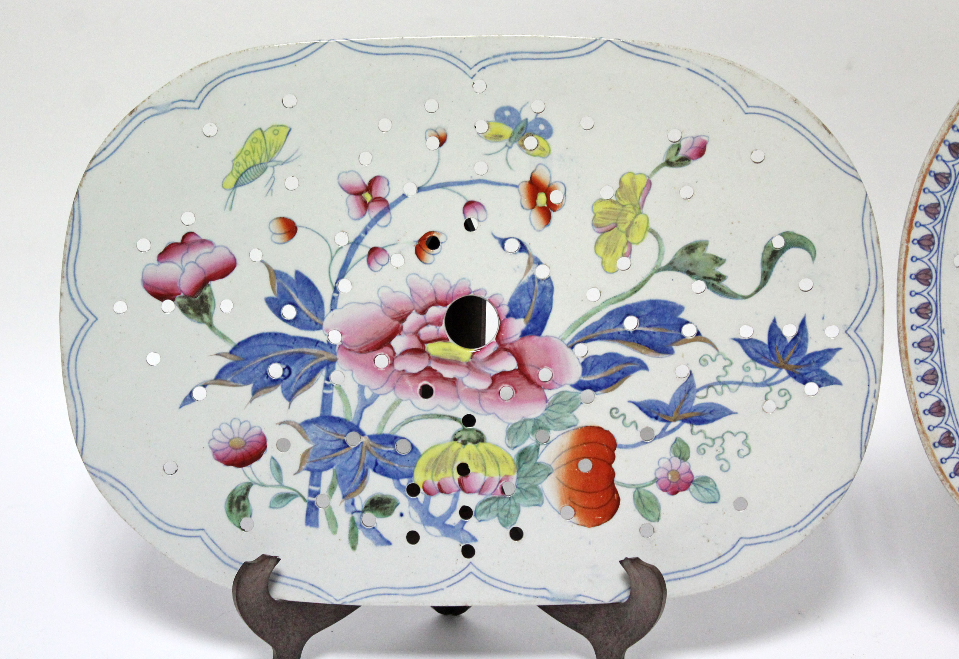 A Hicks, Meigh, & Johnson “Stone China” strainer dish decorated with exotic flowers, bird, & - Image 2 of 4