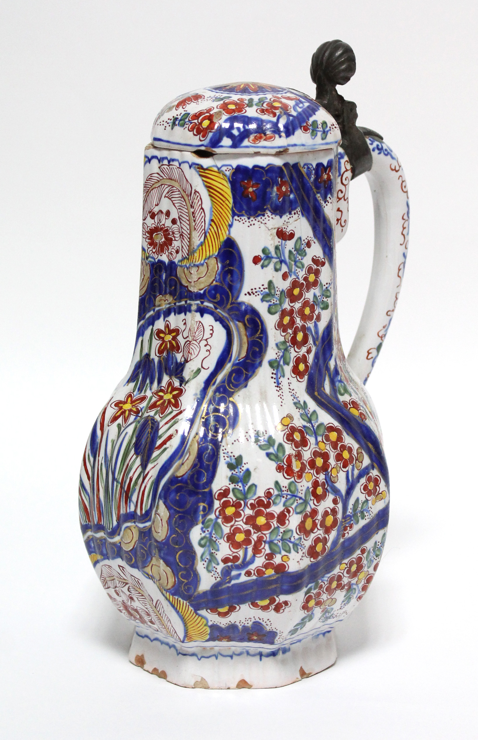 An 18th century Dutch polychrome delft flagon with pewter mounts to the hinged cover, the ribbed - Image 2 of 8