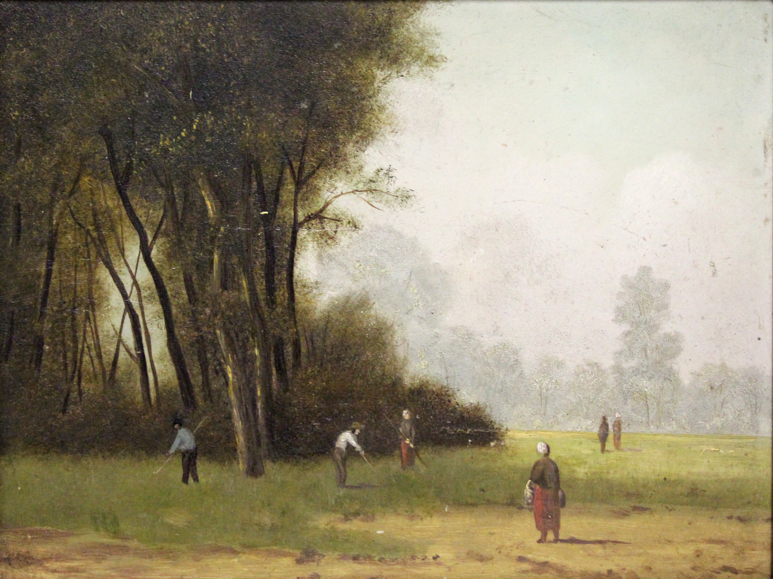 COROT, Jean-Baptiste-Camille (1796-1875) style of. Farm workers in a field with woodland to the