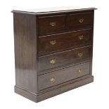 A late Victorian oak chest, fitted two short & three long drawers with shaped & pierced brass