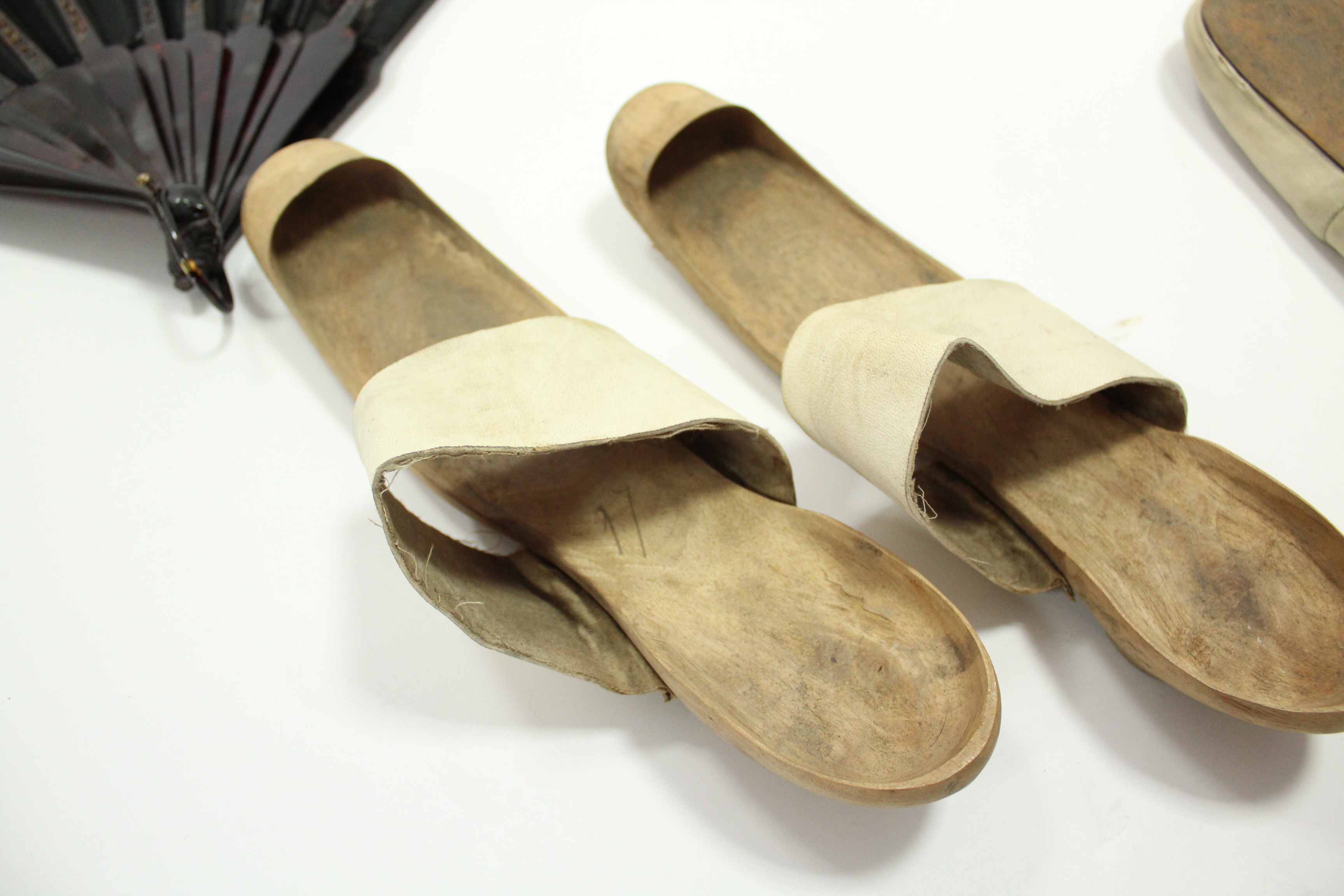 A pair of 19th century ladies’ silk shoes, together with their original protective wooden pattens; & - Image 5 of 5