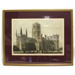 A 19th century coloured engraving of Durham Cathedral; 20½” x 14½”, in glazed frame.