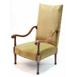 A late 19th century open armchair with tall padded back & sprung seat upholstered pale green