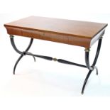 A modern Italian cherry wood centre table with quarter-veneered top fitted single frieze drawer,