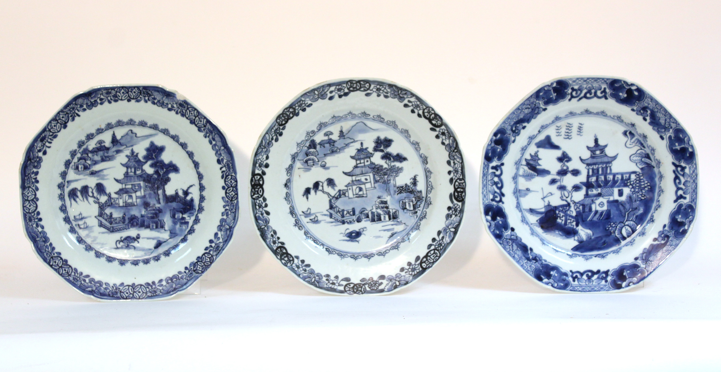 A set of six 18th century Chinese blue-&-white porcelain 9” octagonal plates with formal landscape - Image 2 of 5