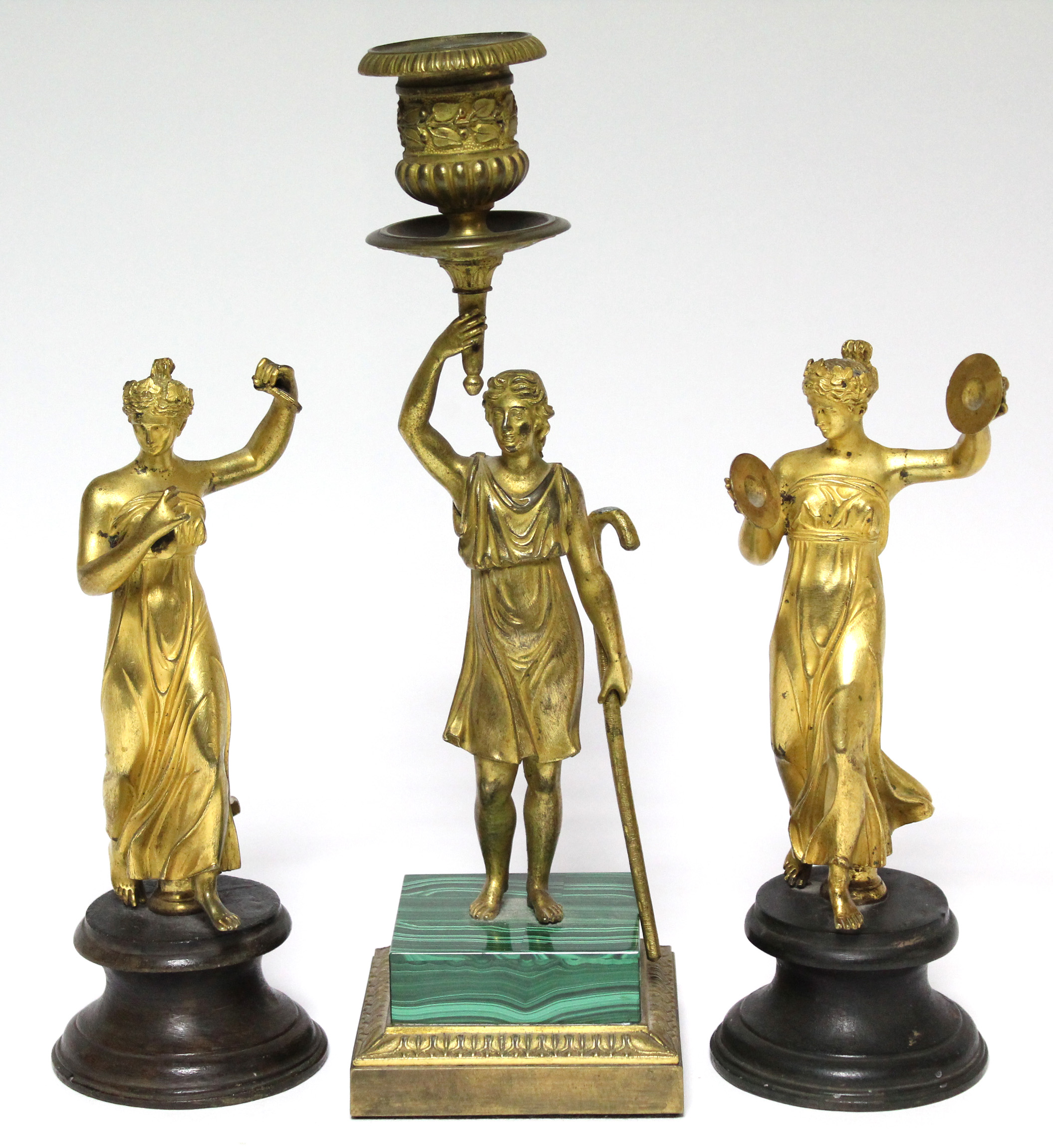 A pair of 19th century gilt-bronze standing classical female musician figures, each on round