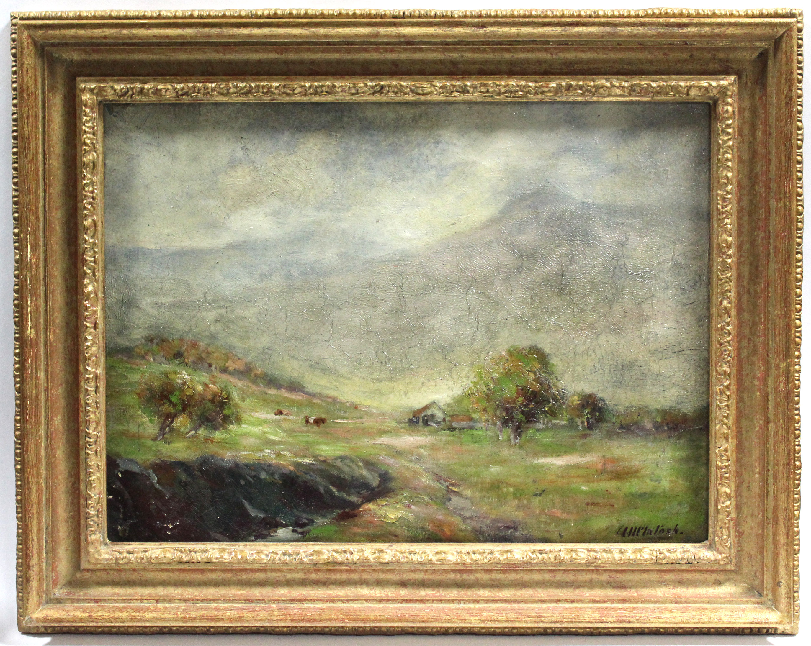 McINTOSH. A Scottish landscape with crofter’s cottage, mist-shrouded mountains beyond. Signed; oil