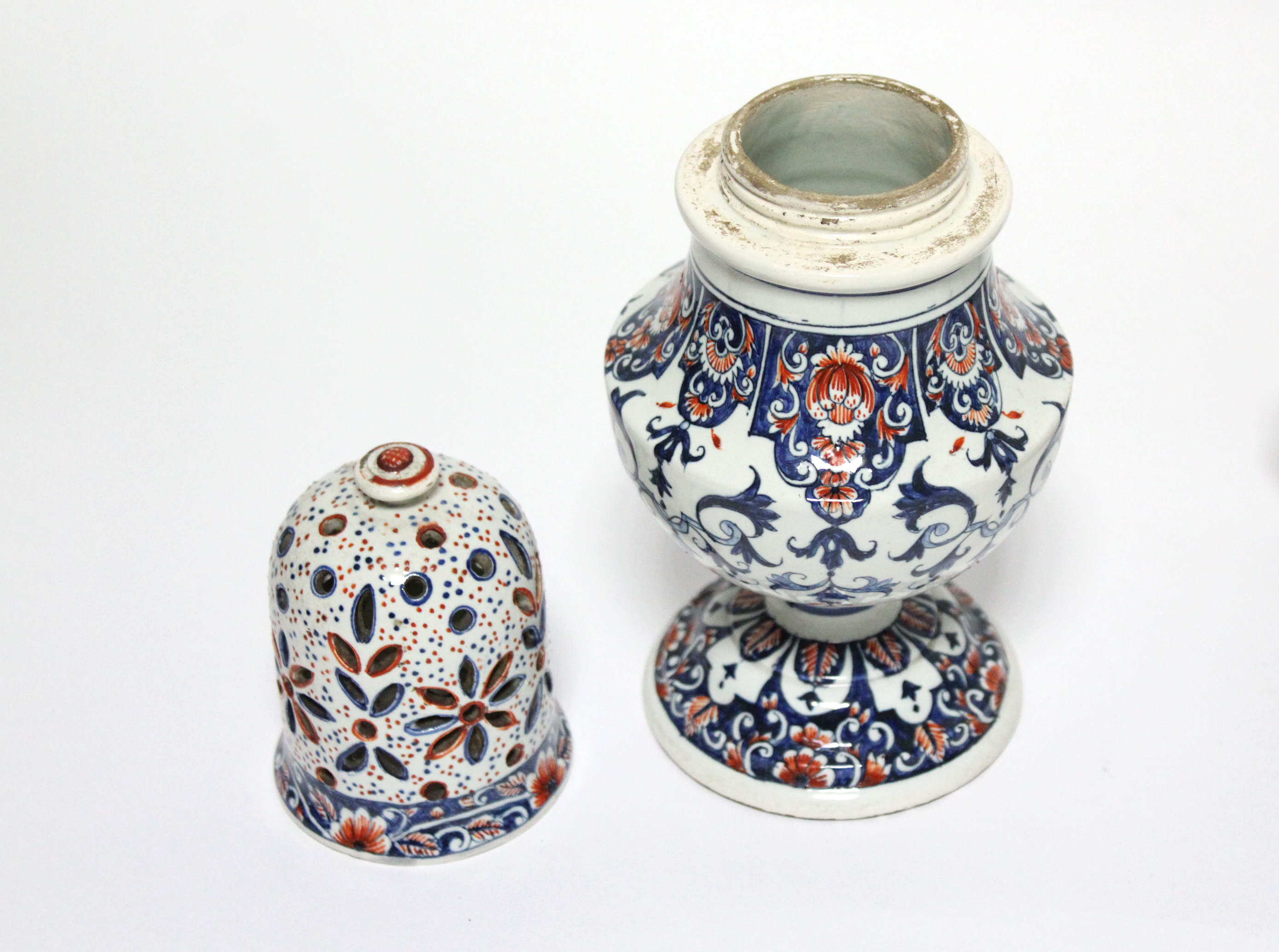 An 18th century Dutch polychrome delft large baluster-shaped sugar caster with tall domed screw- - Image 3 of 8