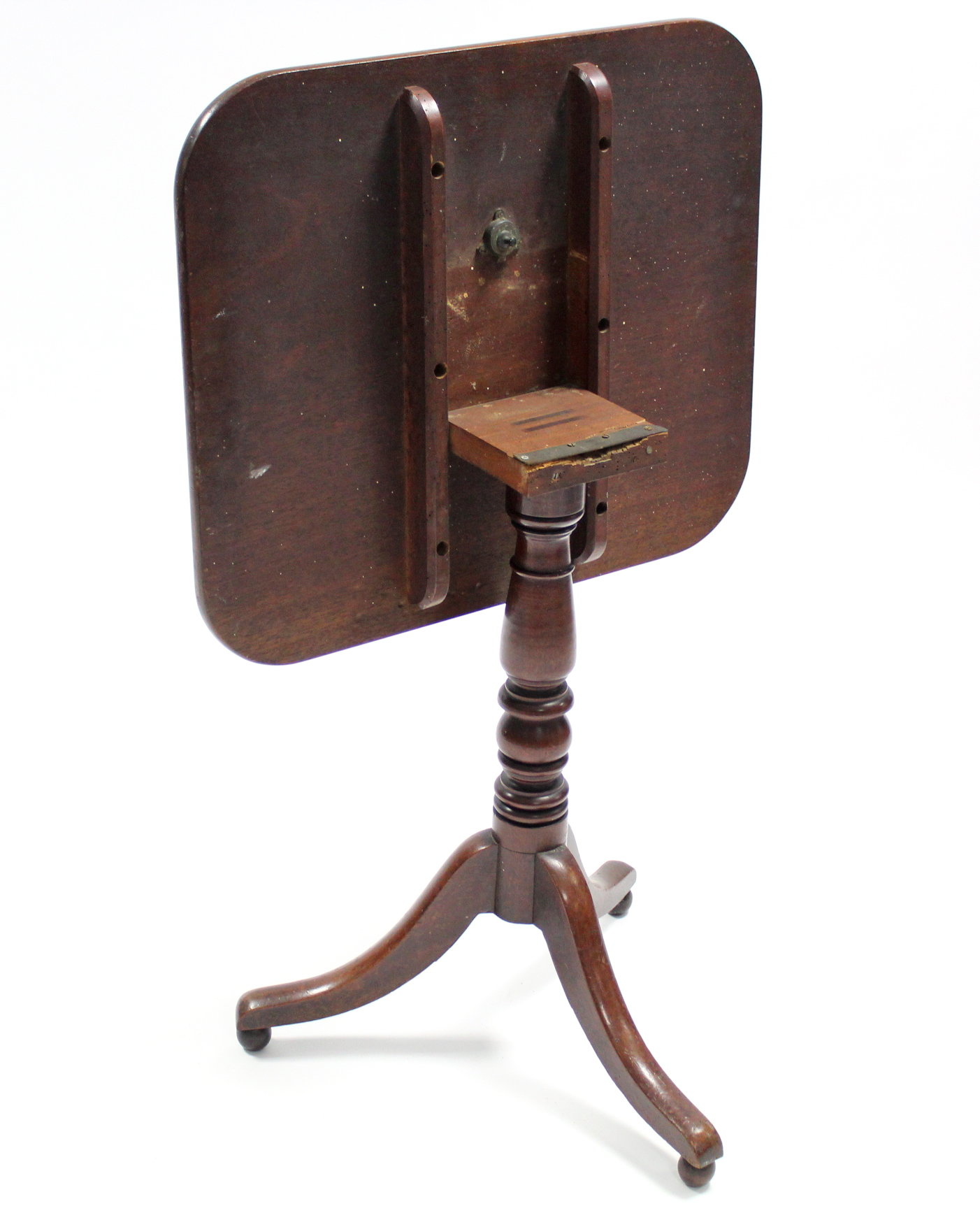 A 19th century mahogany tripod table, the rectangular tilt-top with rounded corners & on ring-turned - Image 3 of 3