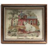 An early Victorian wool gros-point needlework picture of two dogs before a country house, inscribed: