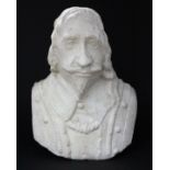 A 17th century sculptured white marble bust of a nobleman with long hair, moustache & beard, wearing