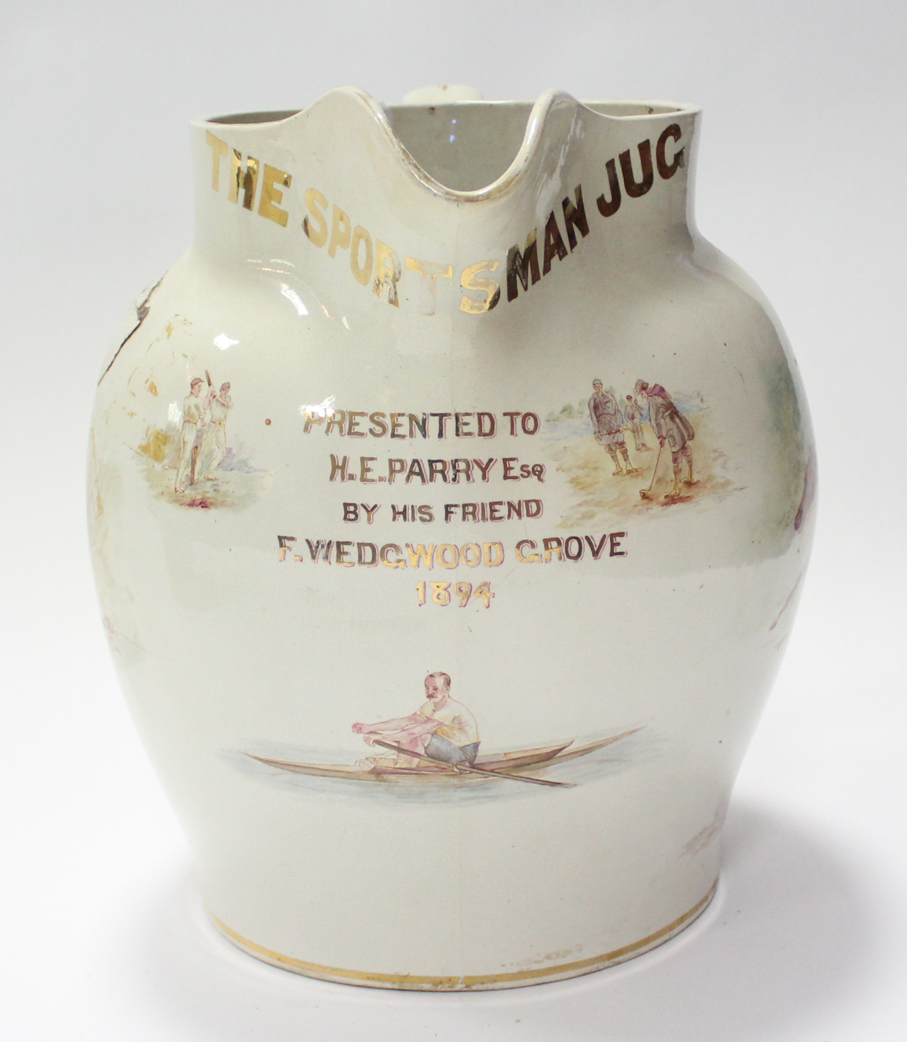 An out-size Victorian Staffordshire pottery bulbous jug with gilt title: “The Sportsman Jug” & - Image 2 of 3