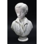 A 19th century sculptured white marble bust of a young boy wearing open-necked shirt, on turned