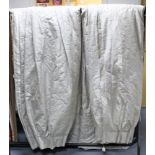 A pair of large cream & silver ground damask curtains with all-over floral design, lined &