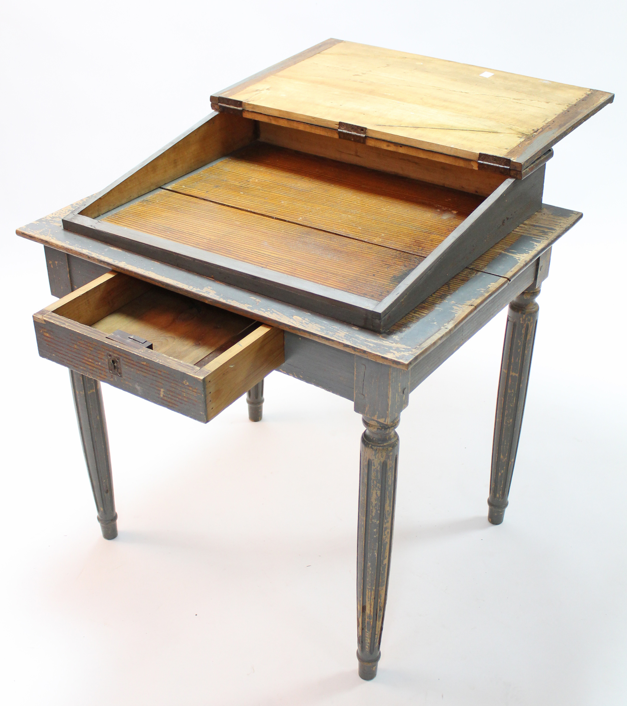 A 19th century painted pine desk with sloping hinged top, on turned & fluted tapering legs; 32” - Image 2 of 2