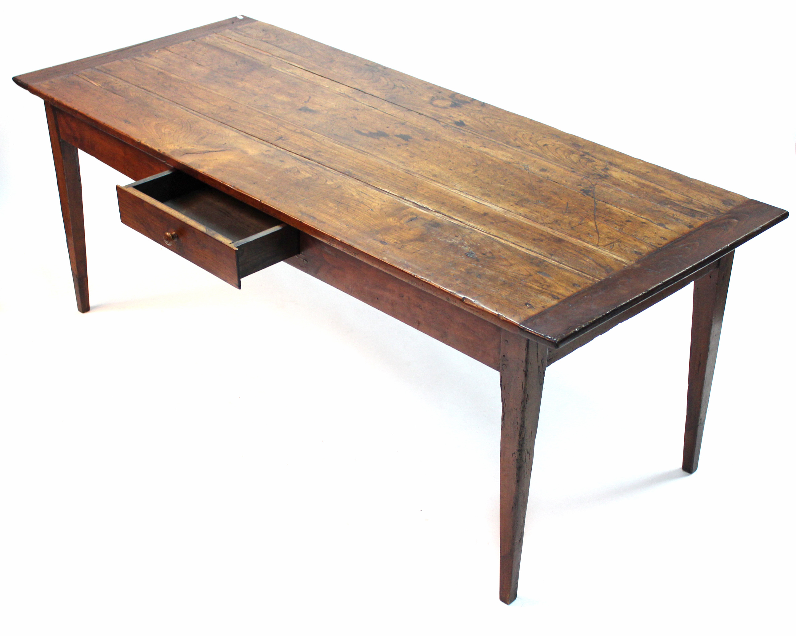 An antique French chestnut dining table, the rectangular top with cleated ends, fitted frieze drawer - Image 3 of 5