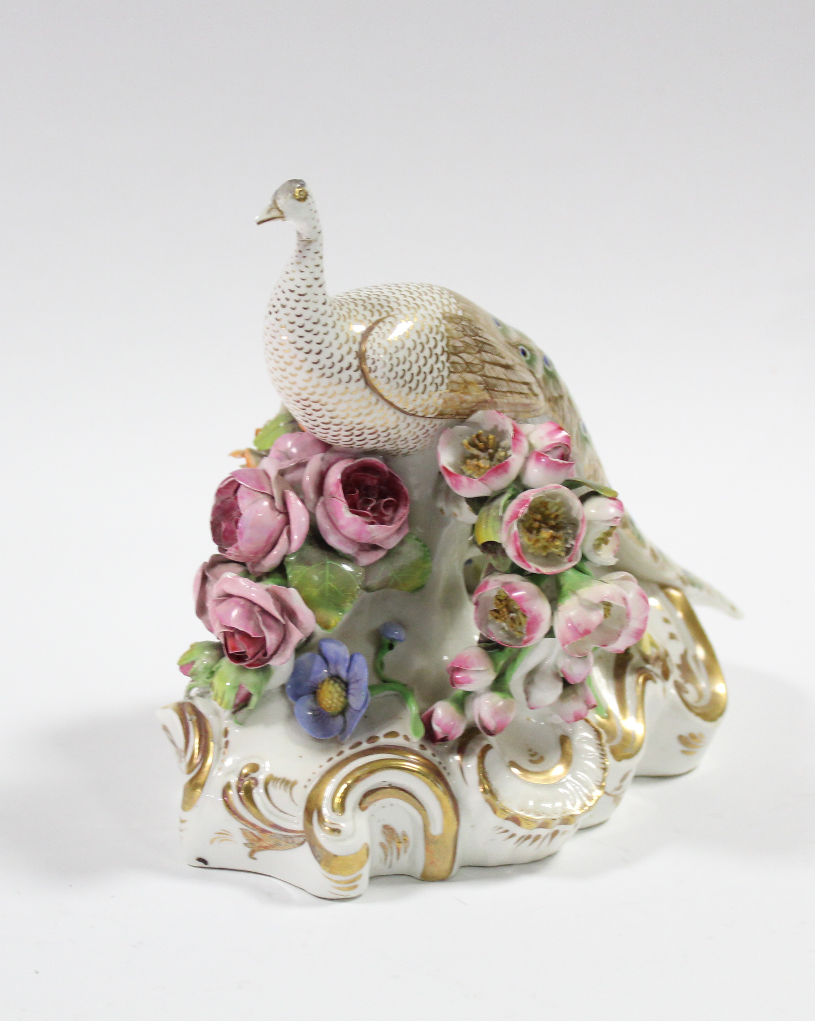 A Bloor Derby model of a peacock by John Whitaker, standing on a floral-encrusted mound base with - Image 3 of 5