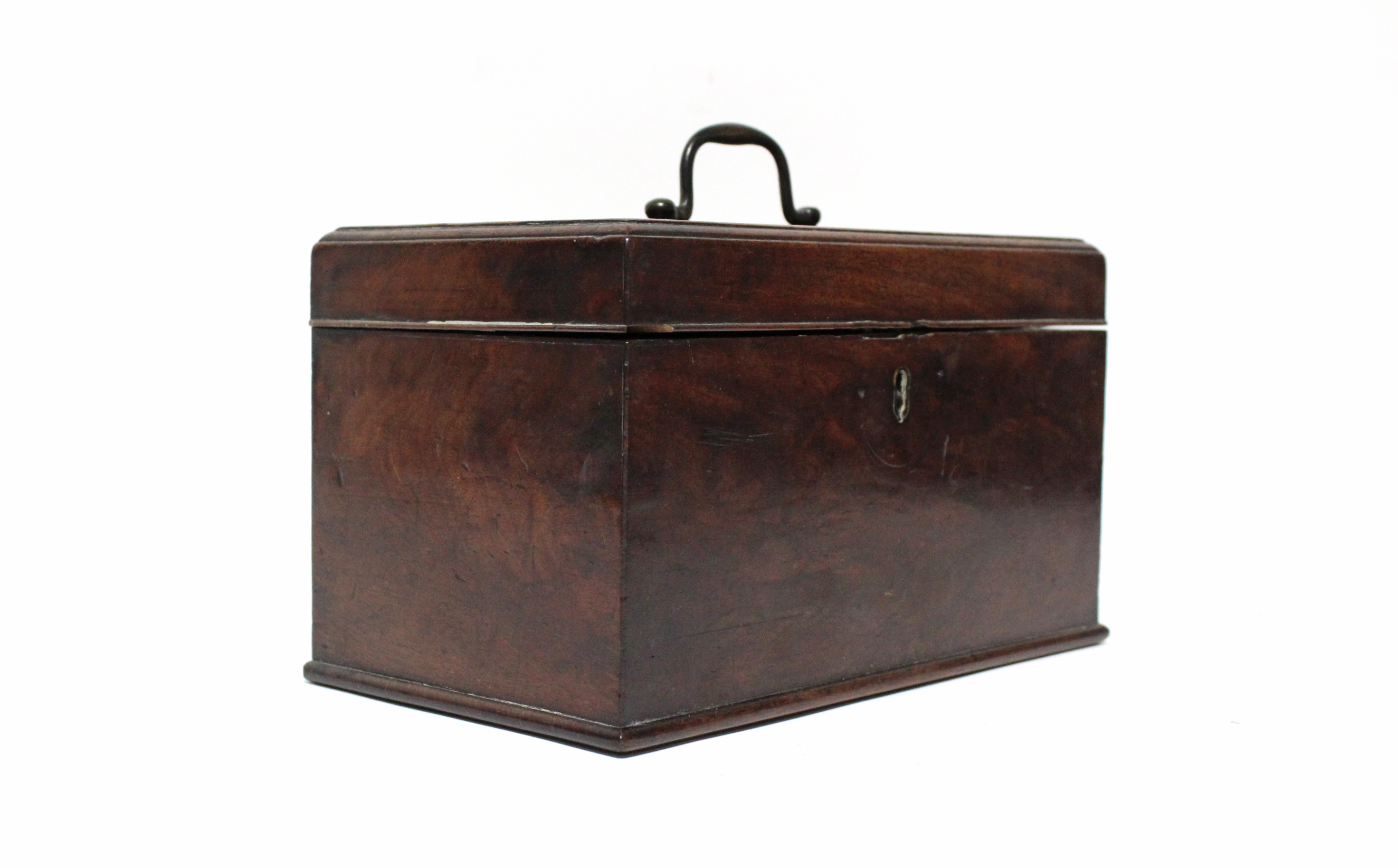 A George III figure mahogany tea caddy with brass swing handle to the hinged lid, 10” wide. - Image 3 of 3