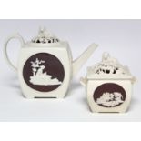 A RARE TURNER SQUARE TEAPOT of slightly rounded form, with applied raised scenes of ladies beneath