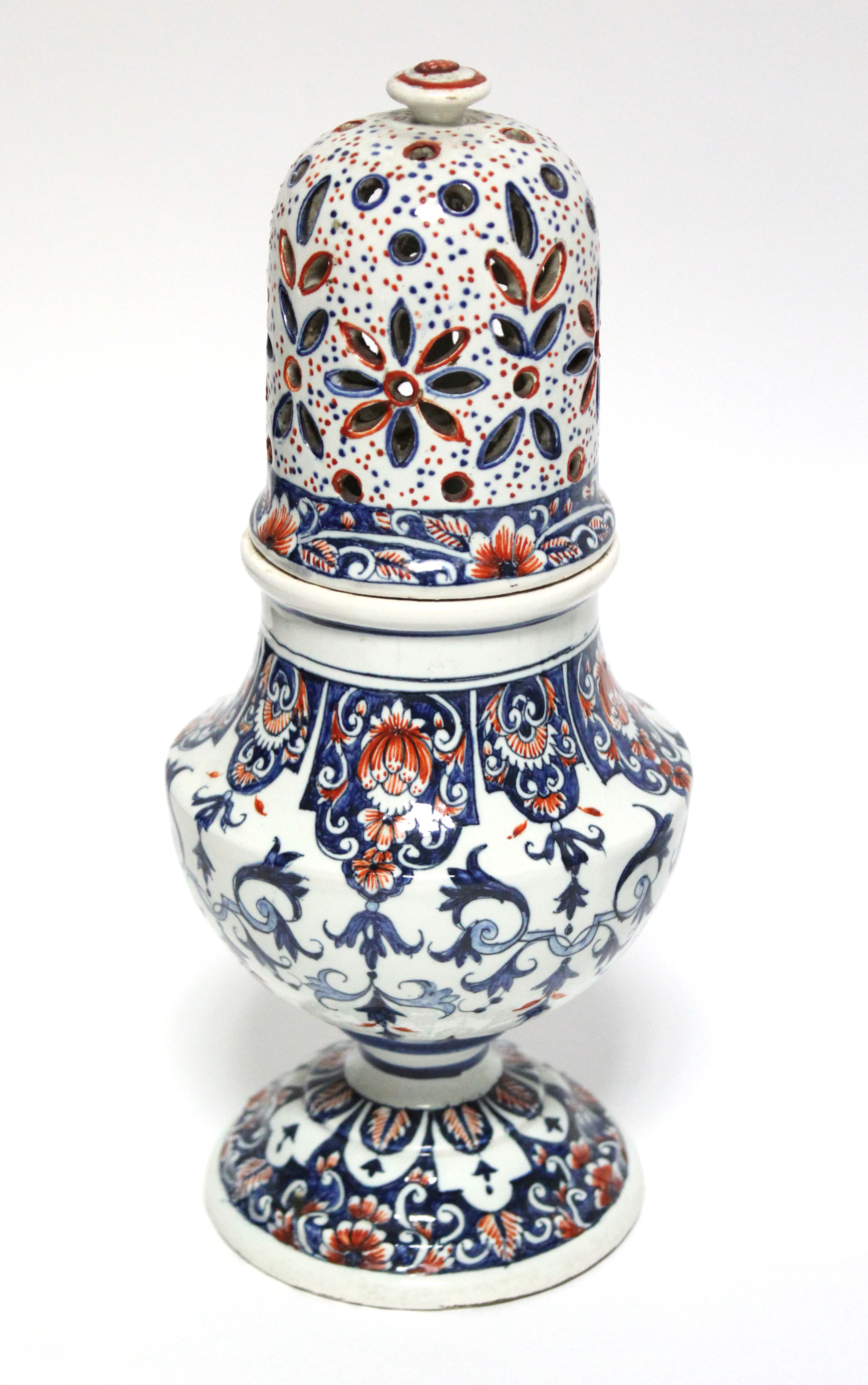 An 18th century Dutch polychrome delft large baluster-shaped sugar caster with tall domed screw- - Image 2 of 8