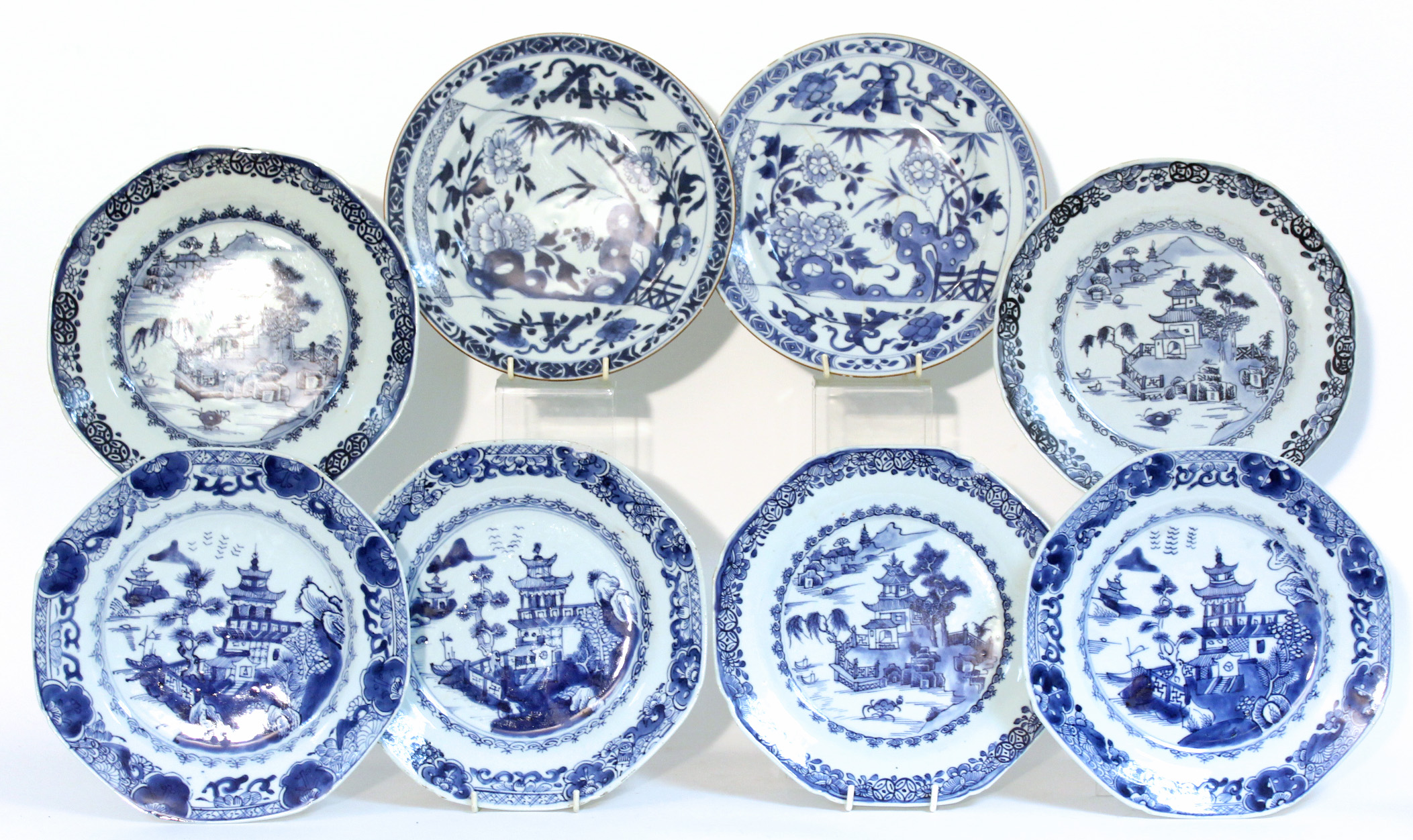 A set of six 18th century Chinese blue-&-white porcelain 9” octagonal plates with formal landscape