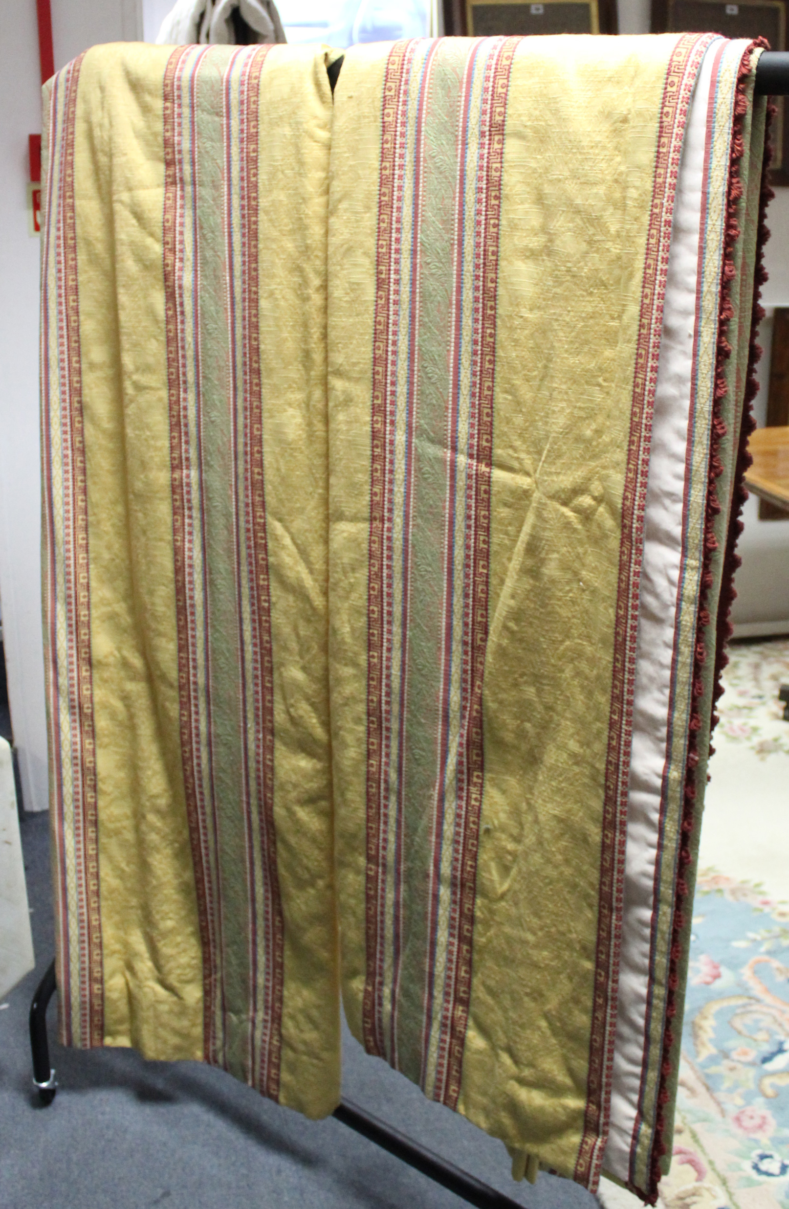 A pair of old gold & crimson damask lined &interlined curtains with floral design & striped - Image 2 of 5