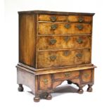 AN EARLY 18th century FIGURED WALNUT CHEST-ON-STAND, with moulded cornice, fitted two short &