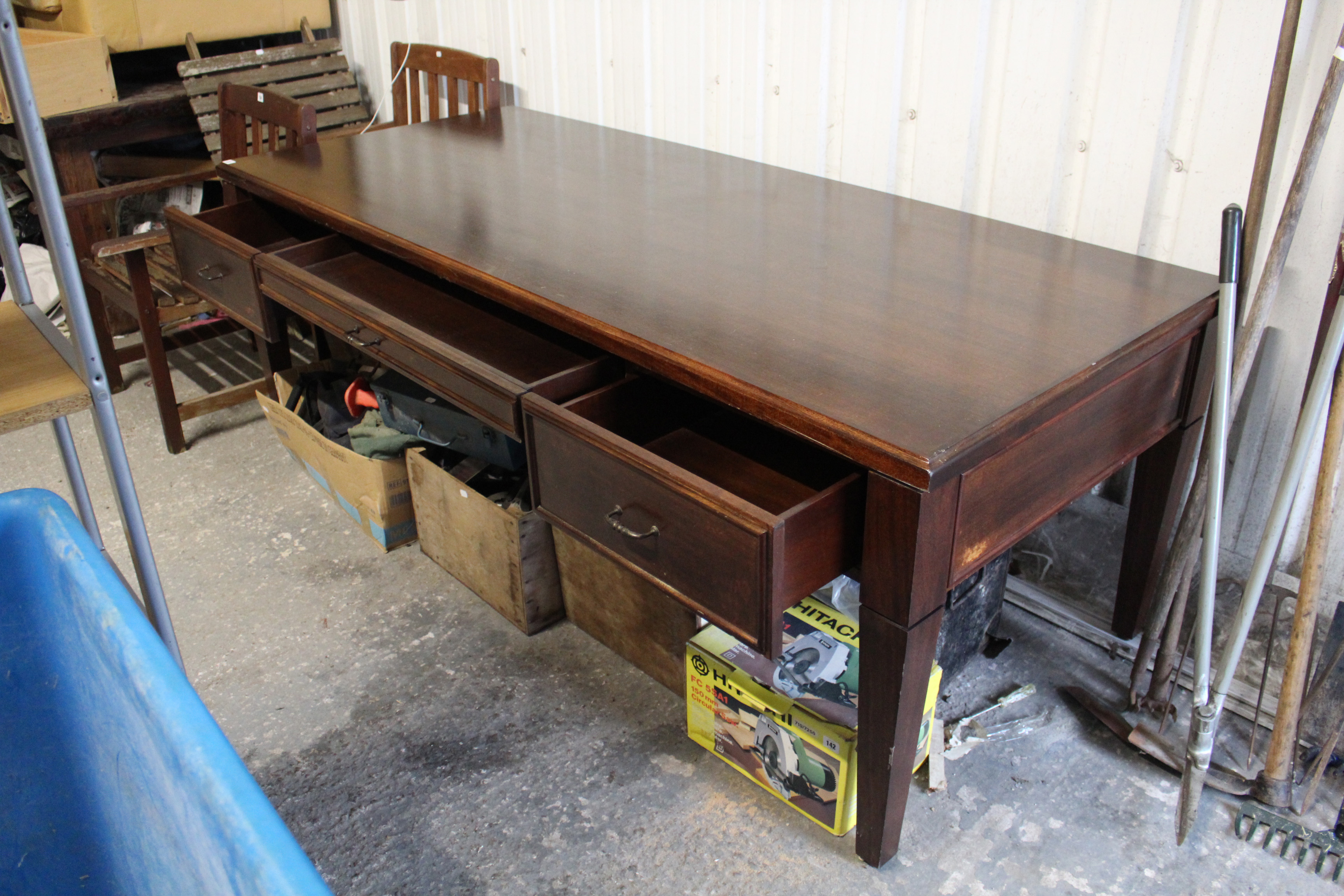 A mahogany-finish large kneehole writing table with moulded edge to the rectangular top, fitted - Image 2 of 2