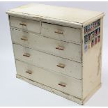A white painted pine chest fitted two short & three long graduated drawers with block handles, &