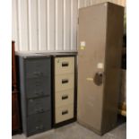 A pale brown art-metal tall locker, enclosed by door, with key, 24” wide x 84” high; together with a