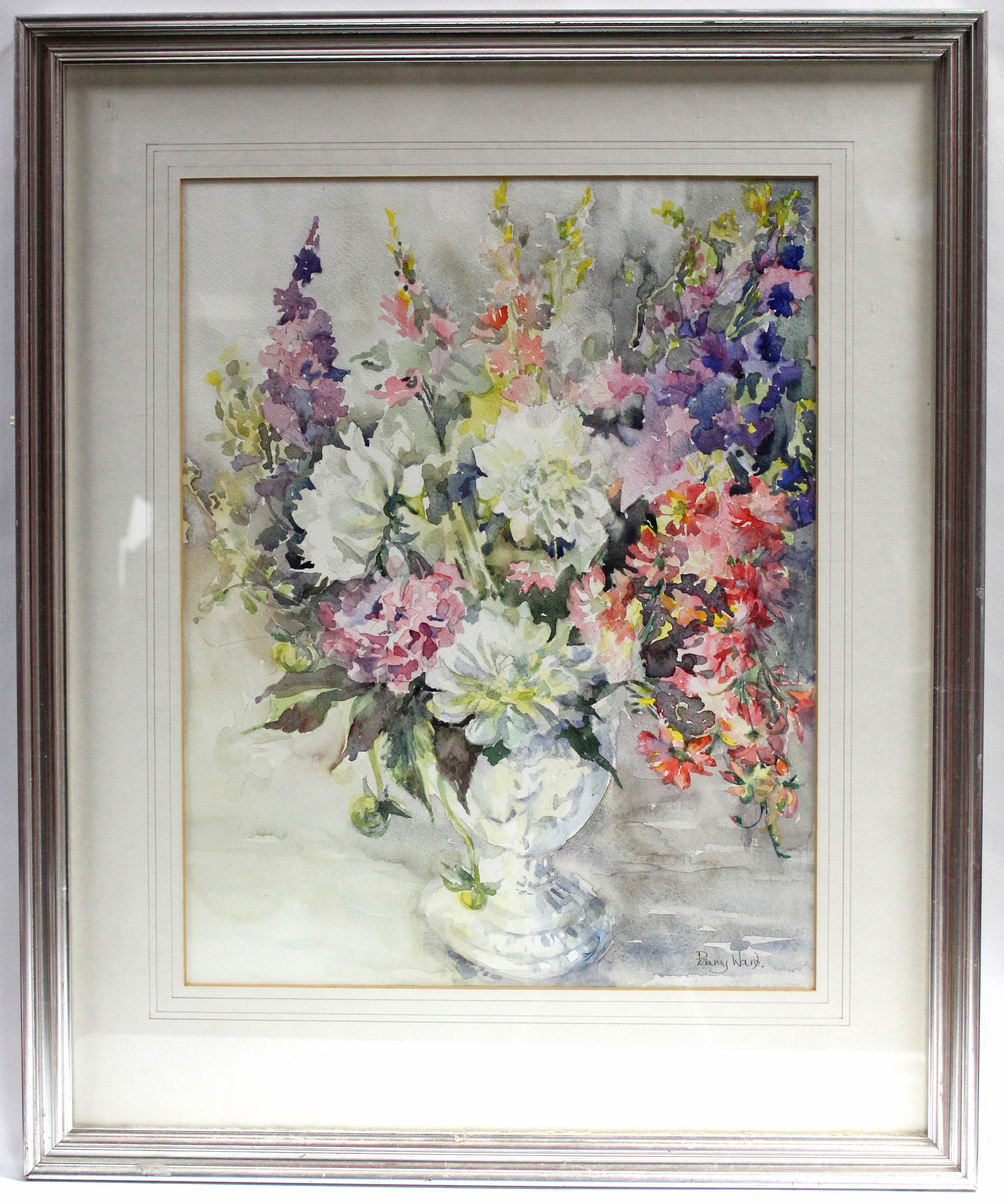 WARD, Penny. A still life study of dahlias & larkspur in a vase. Signed; watercolour: 18” x 14”.