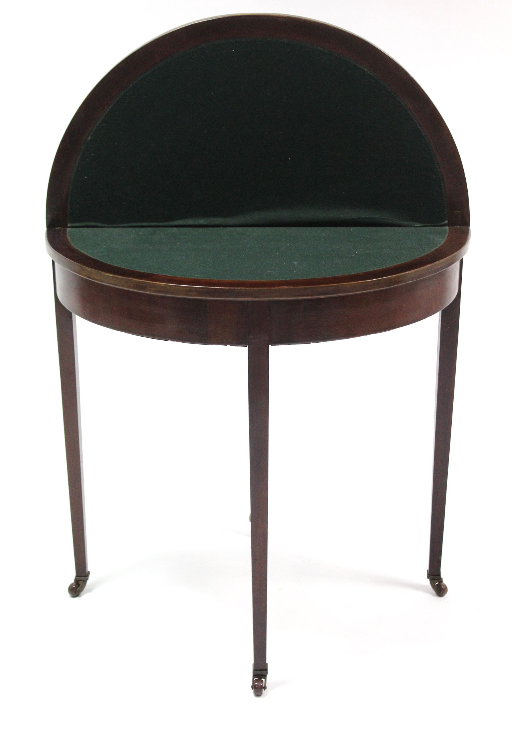 A late 19th/early 20th century mahogany demi-lune card table inset green baize to the fold-over top,