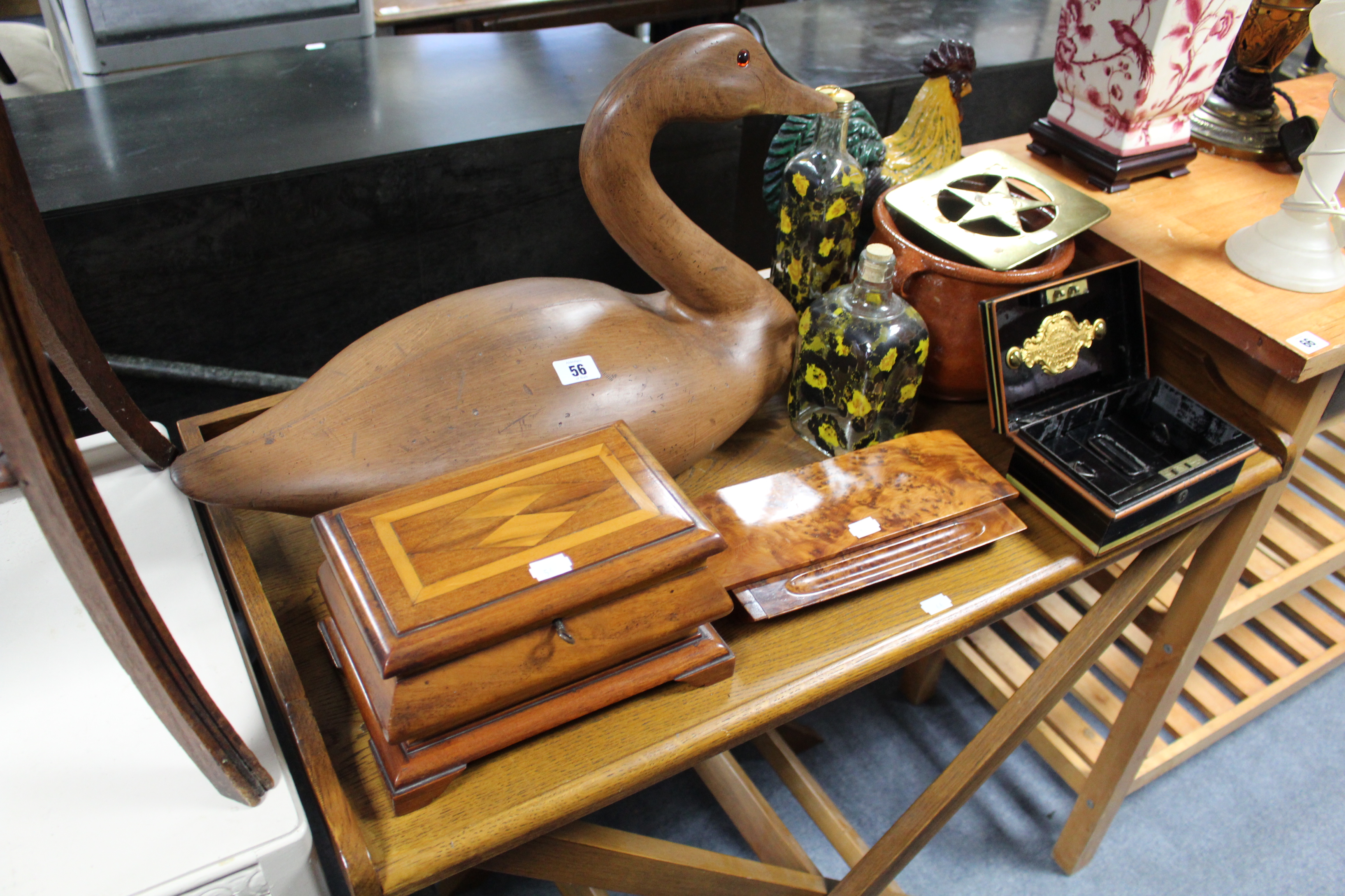 A large carved wooden goose ornament, 22” long; two trinket boxes; a brass trivet & sundry other - Image 2 of 2