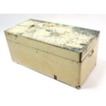 A cream painted camphor wood trunk with hinged lift-lid & iron side handles (split to top), 36½”