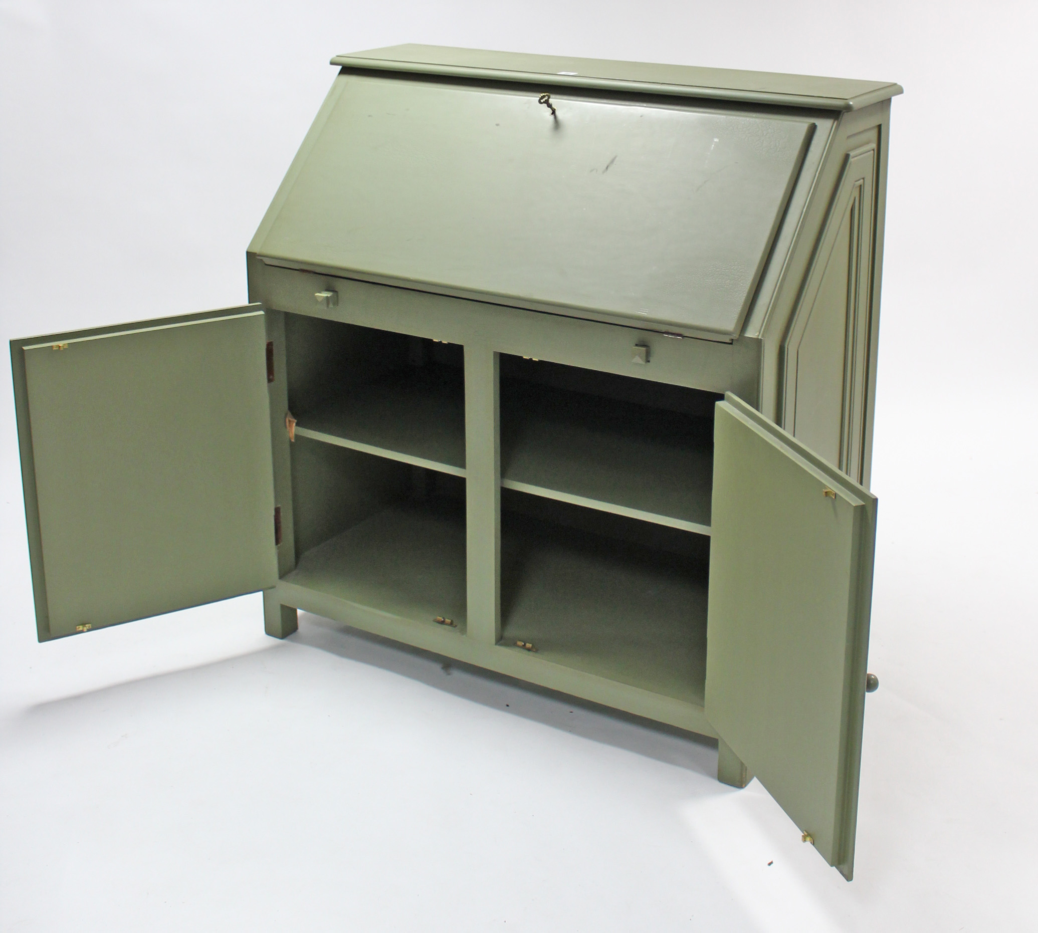 A continental-style green painted wooden bureau, with fitted interior enclosed by fall-front above - Image 3 of 4