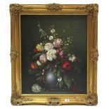 A modern oil painting on canvas depicting a vase of flowers, signed indistinctly, 19¾” x 24”, in