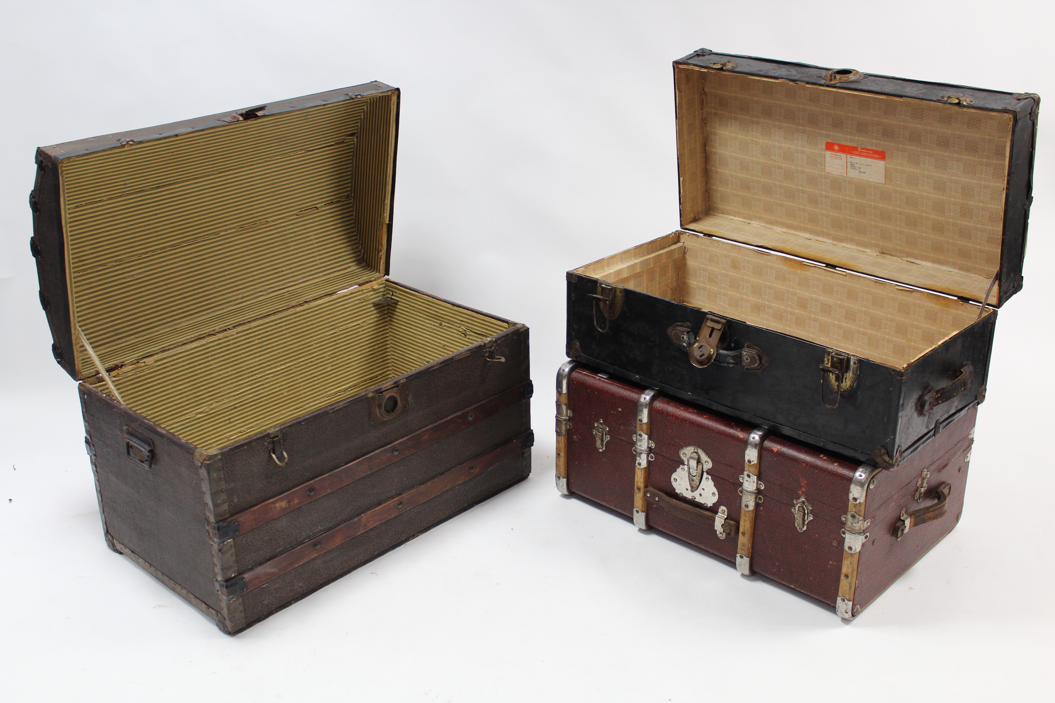 A ribbed domed-top travelling trunk with hinged lift-lid & wrought iron side handles, 33” wide; - Image 2 of 6